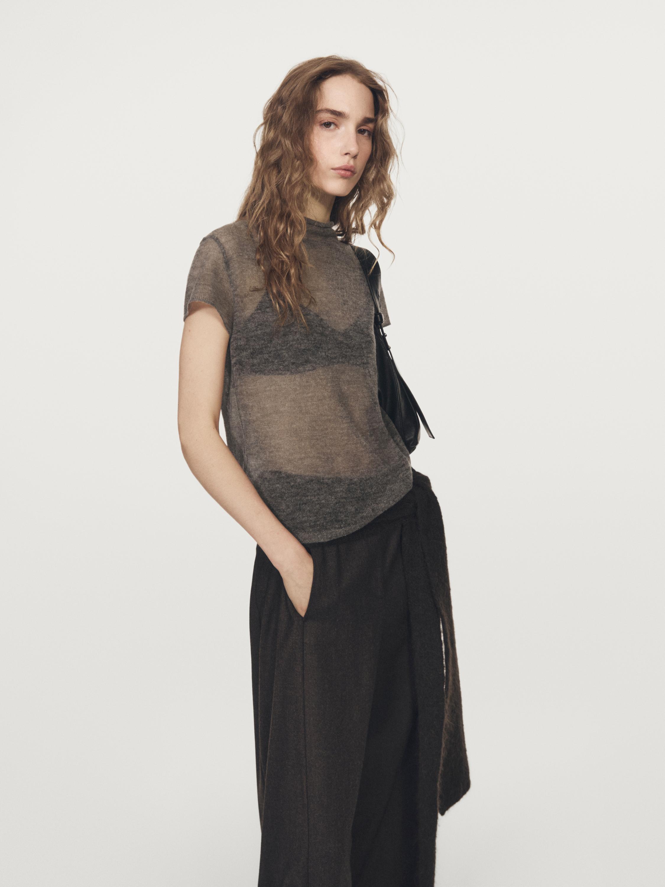 T-shirt en maille ajourée de laine mélangée